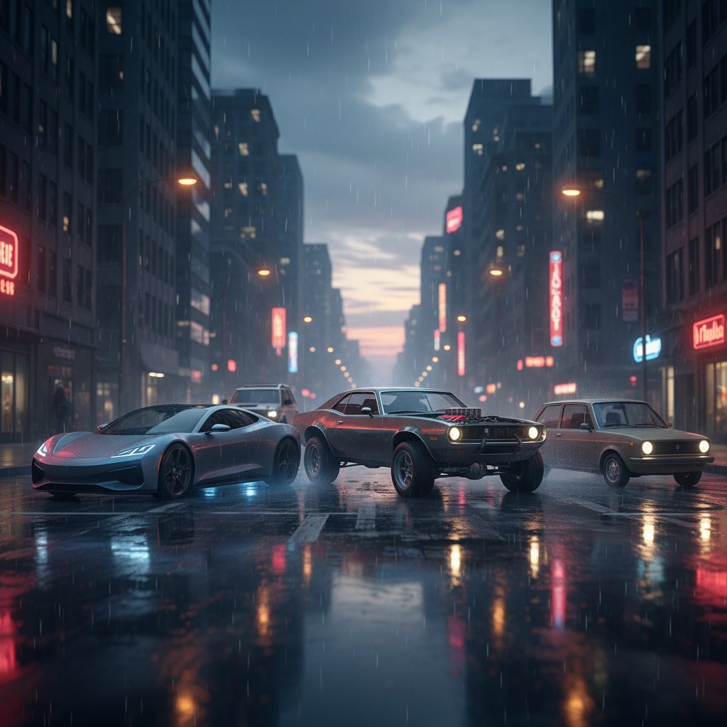 Four cars representing FWD, RWD, AWD, and 4WD showcased in a dramatic rain-soaked urban setting at dusk
