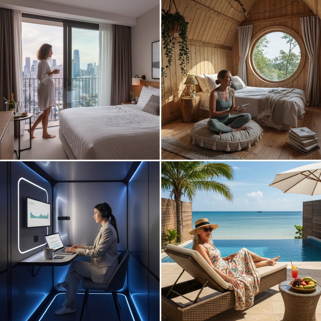 Four women in different hotel and lodging environments, representing accommodation choices