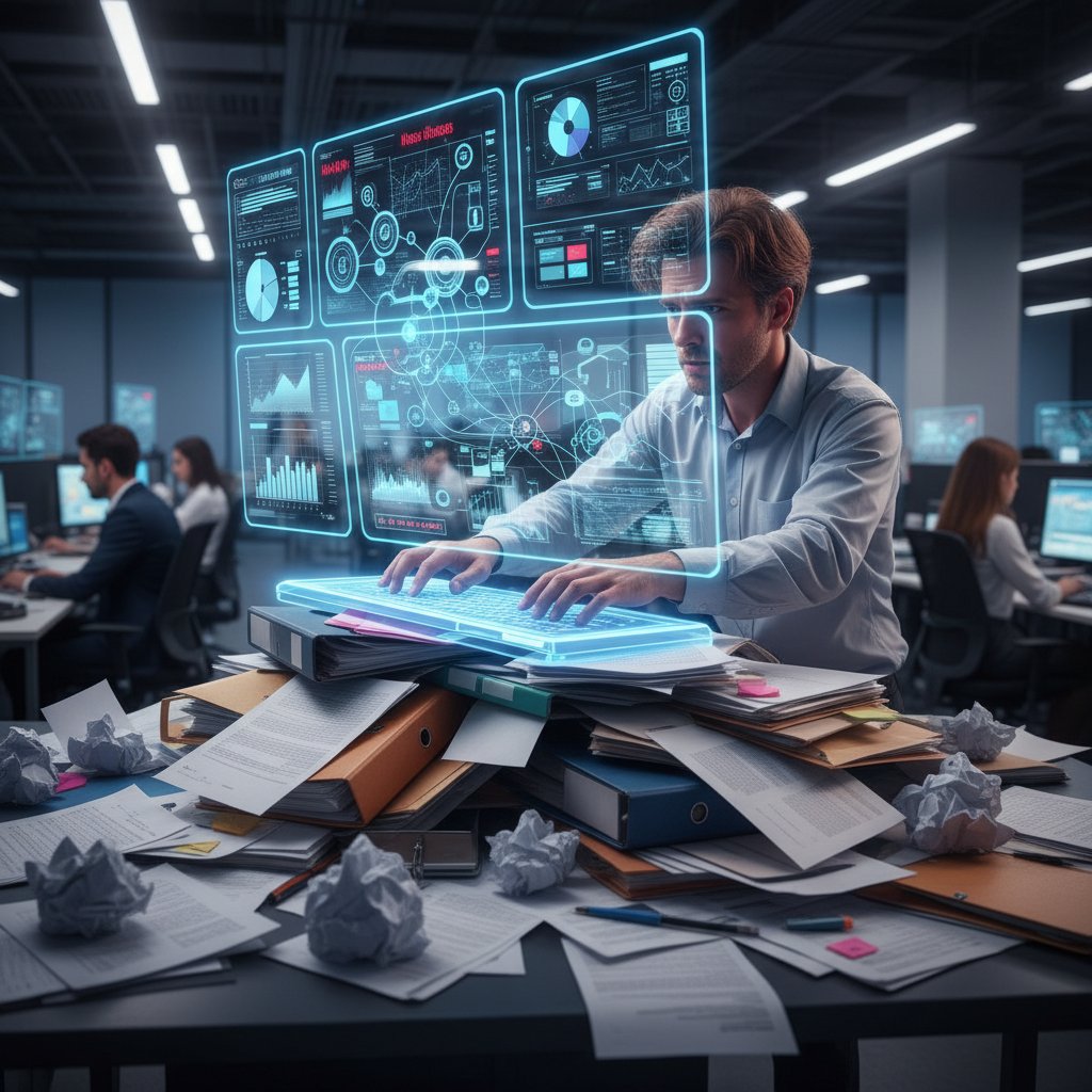 Frazzled office worker with chaotic papers and digital dashboard, representing document management automation chaos