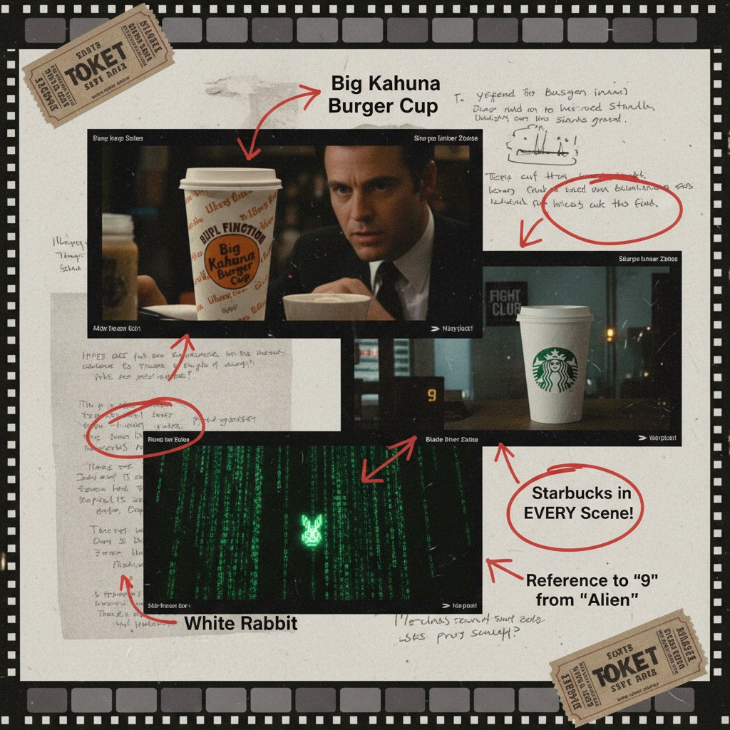 Collage of annotated freeze-frames highlighting hidden movie Easter eggs in comedies, movie reference comedy cinema