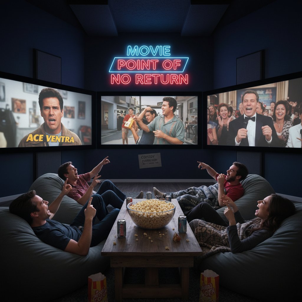 Top-down shot of friends gathered around popcorn and screens, prepping a comedy marathon