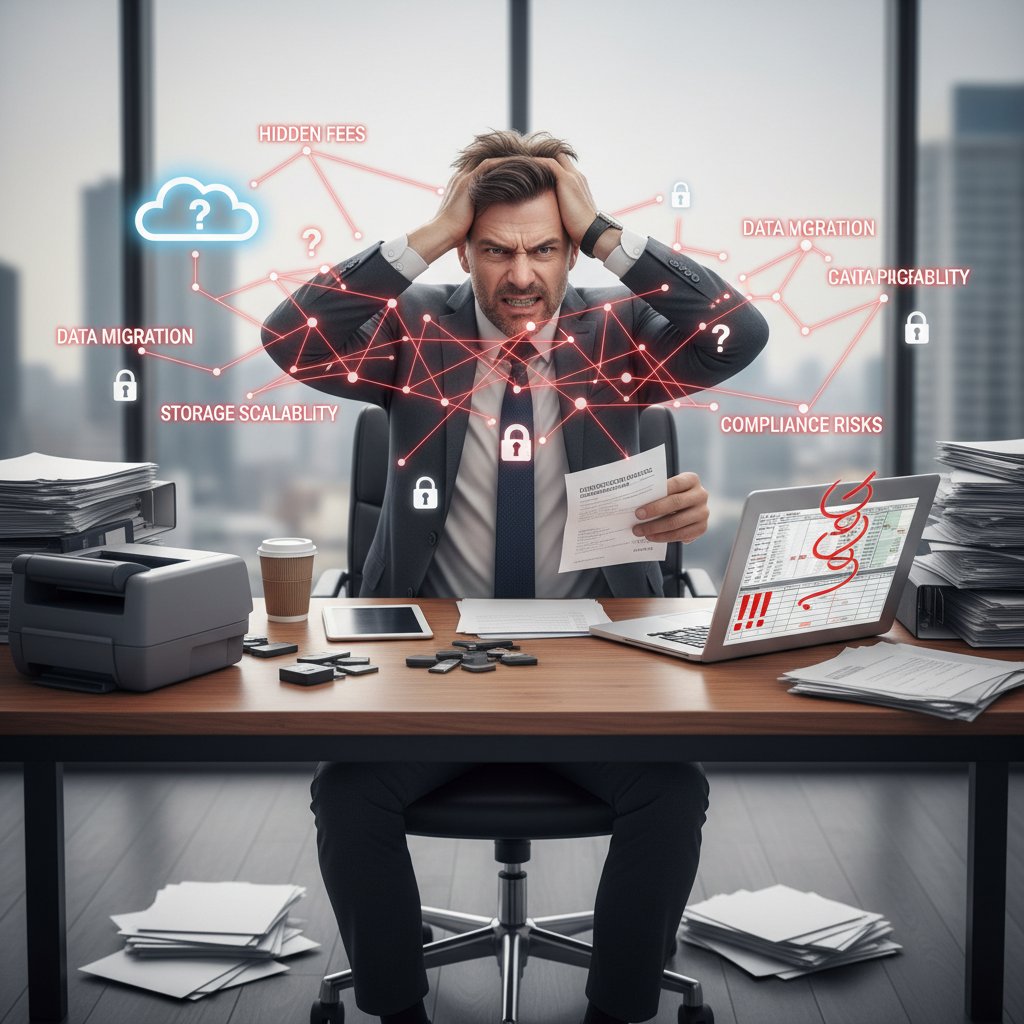 Frustrated business leader reviewing hidden costs of document digitization methods