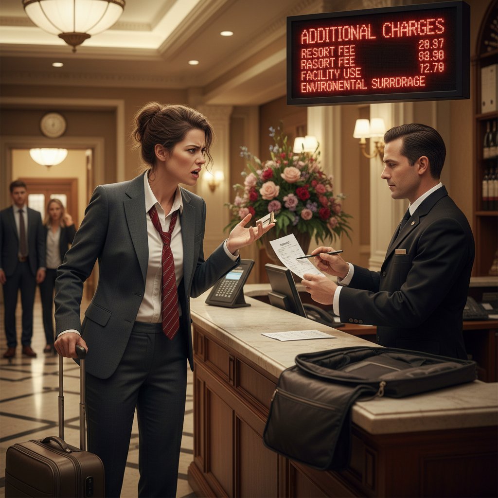 A business traveler looks frustrated at a hotel front desk, with paperwork and hidden fees visible, illustrating executive travel challenges