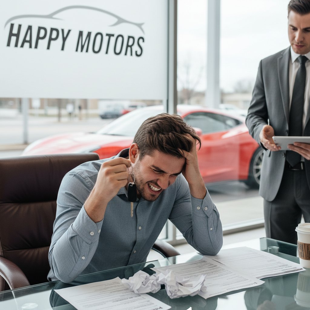 Frustrated car buyer experiencing buyer's remorse after dealership visit