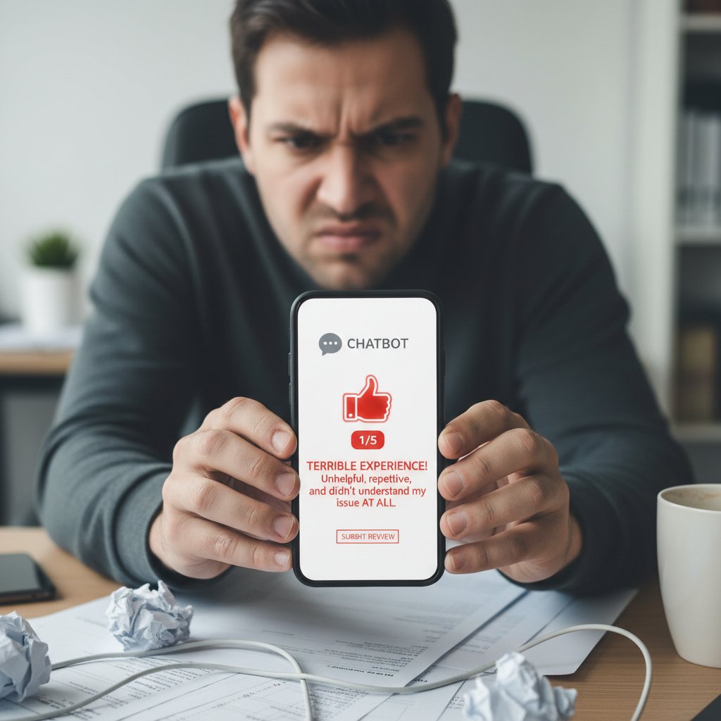 Frustrated customer leaving negative feedback on chatbot experience, trust broken