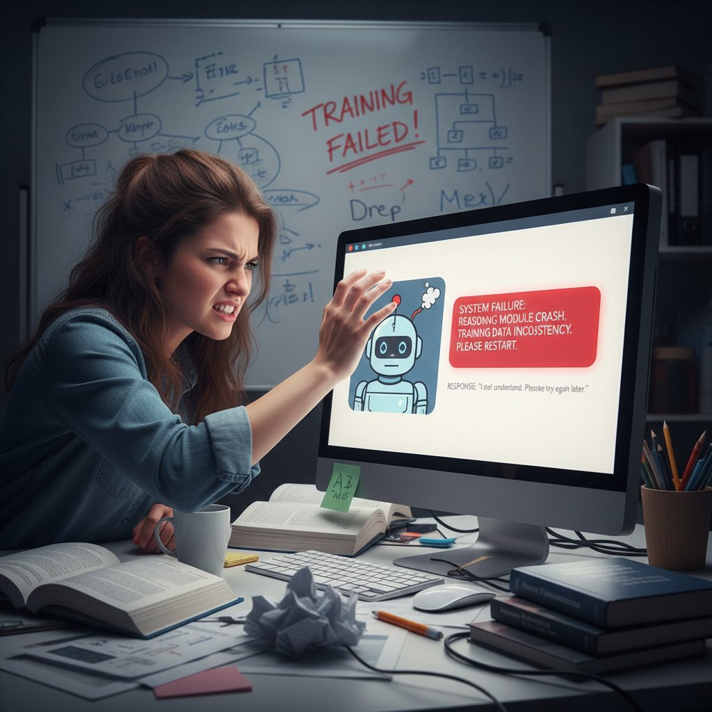 Realistic image of a frustrated employee looking at an unhelpful chatbot screen, highlighting AI chatbot for training program failures