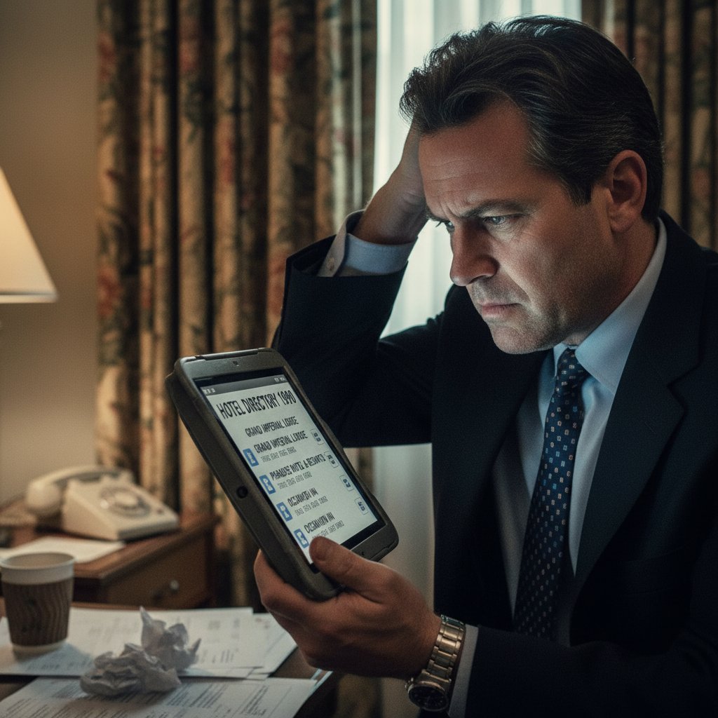 A modern executive frustrated while scrolling through outdated hotel recommendation lists on a tablet, highlighting the need for AI solutions