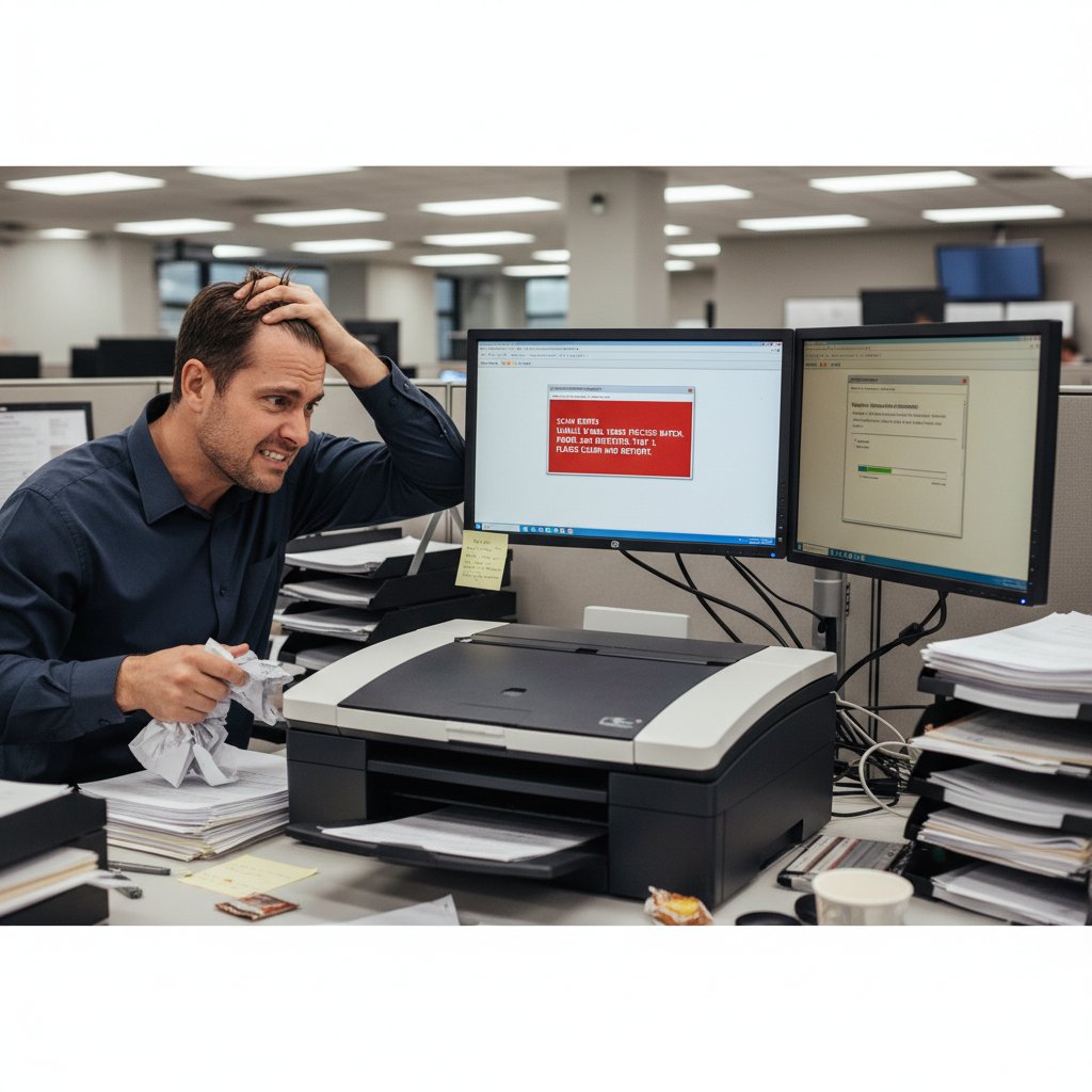 Frustrated office worker at a computer facing unexpected document scanning issues, illustrating hidden pitfalls of enterprise document scanning
