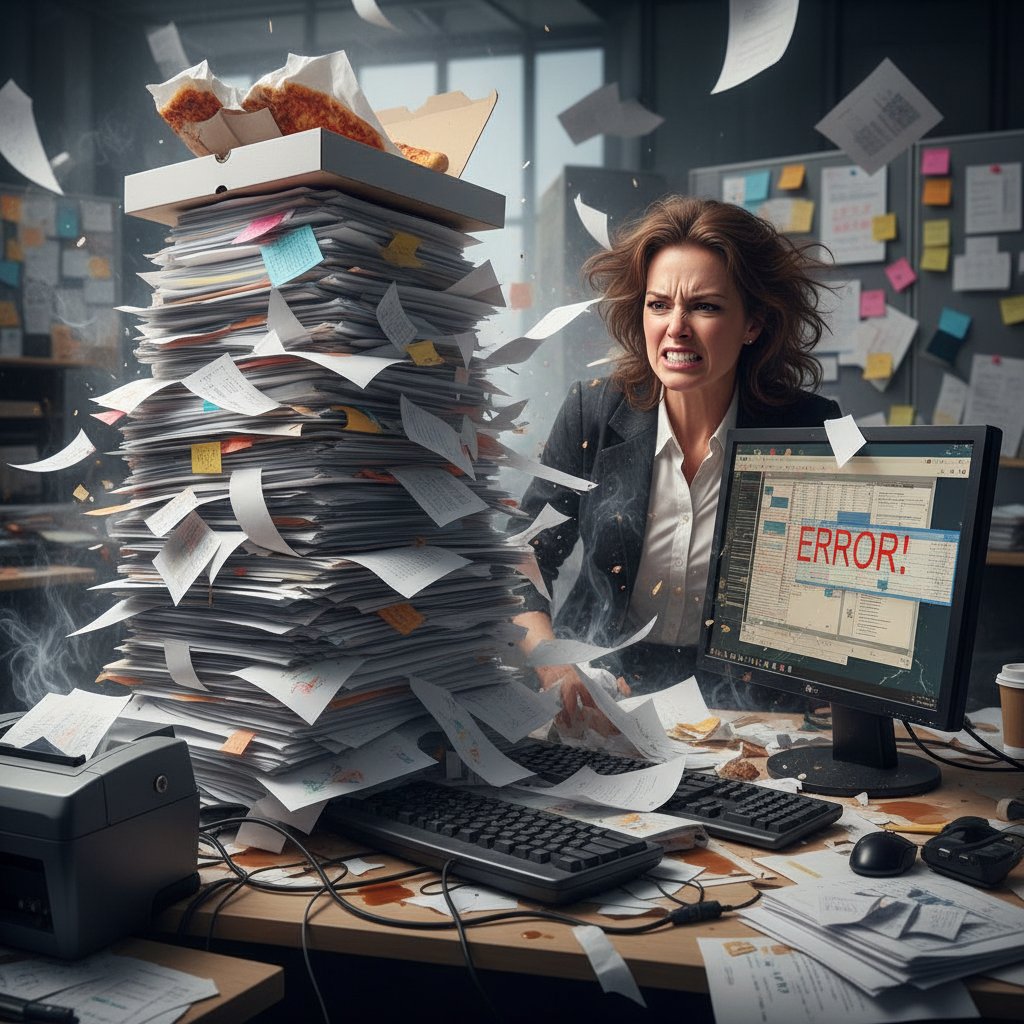 Frustrated office worker surrounded by digital error messages and stacks of paper, illustrating document disasters