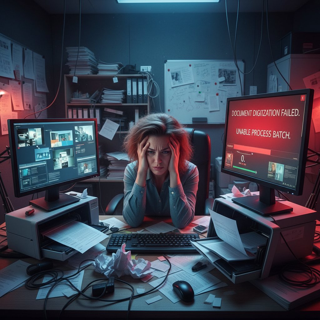 Frustrated office worker surrounded by failing digital screens and chaotic documents, illustrating document digitization failure