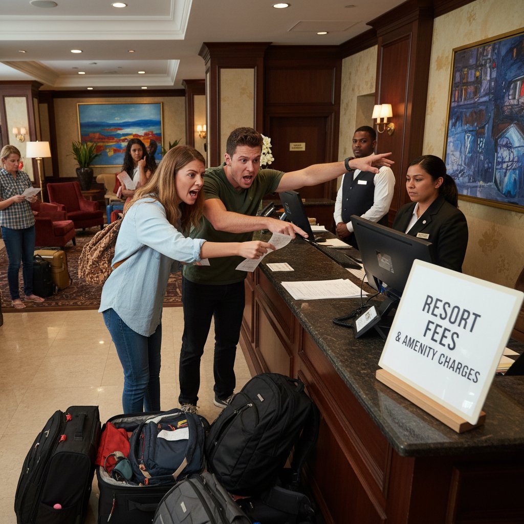 A frustrated couple at a hotel reception, confronted with hidden fees and unexpected charges