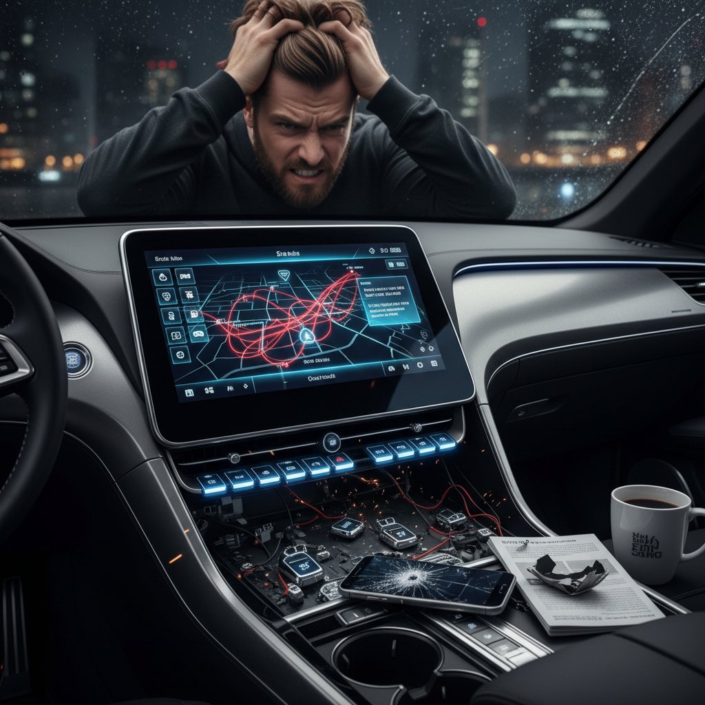 Frustrujący użytkownik patrzący na piękny, ale powierzchowny dashboard analityczny – wyzwania UX w narzędziach trendów