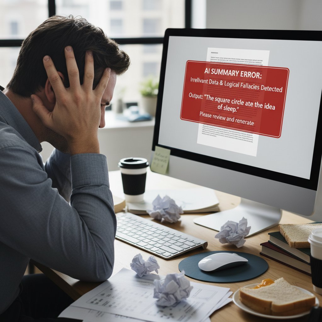 Frustrated worker re-reading a flawed AI summary, highlighting the downside of poor summarizer use