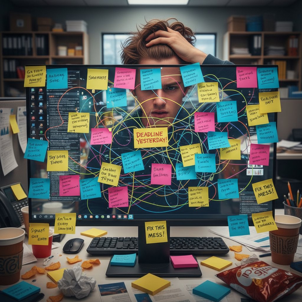 Overwhelmed user struggling with complex document analysis software, frustrated at screen with cluttered UI, surrounded by sticky notes