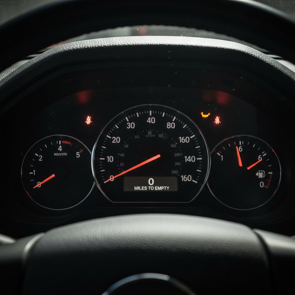 SUV dashboard fuel gauge barely above empty, moody lighting, symbolizing fuel economy challenges and hard truths