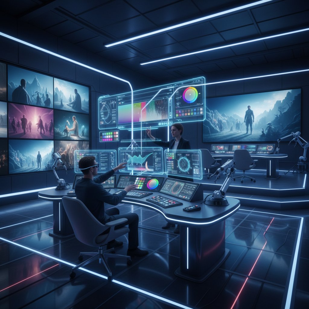 Future movie color correction studio with augmented reality tools and advanced displays, hinting at the next wave of grading innovation