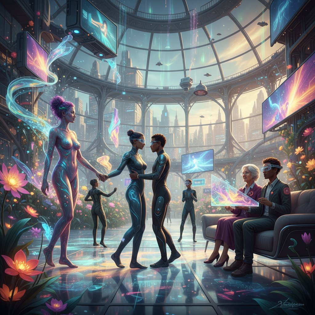 Group of diverse couples gathering outdoors, relaxed, each with both digital and physical connection cues, future-facing vibe