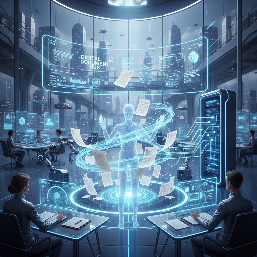 Futuristic, high-contrast photo visualizing AI transforming digital documents in enterprise document scanning