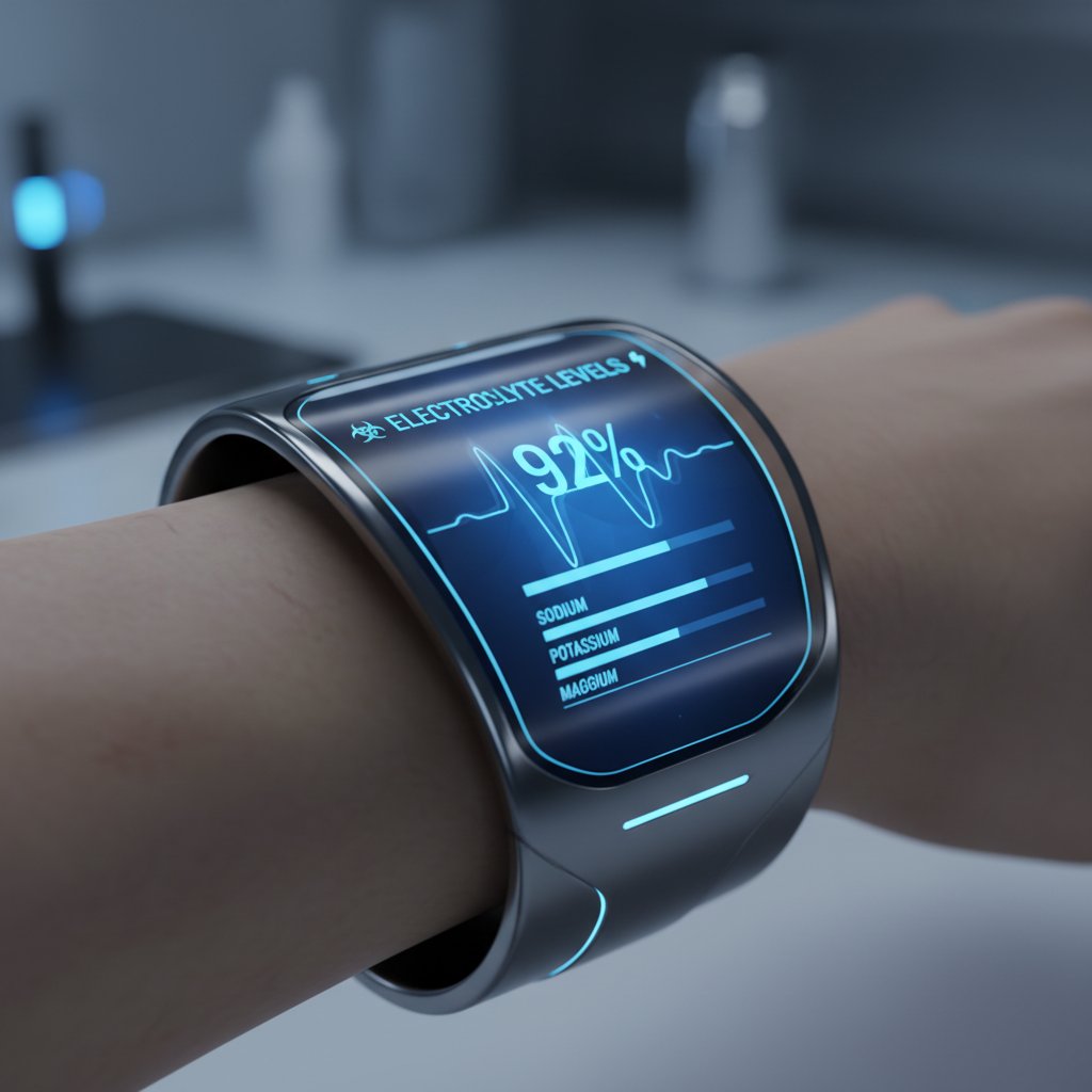 Nowoczesny wearable monitorujący poziom elektrolitów – futurystyczne zbliżenie na opaskę zdrowotną z interfejsem cyfrowym, niebieskie światło