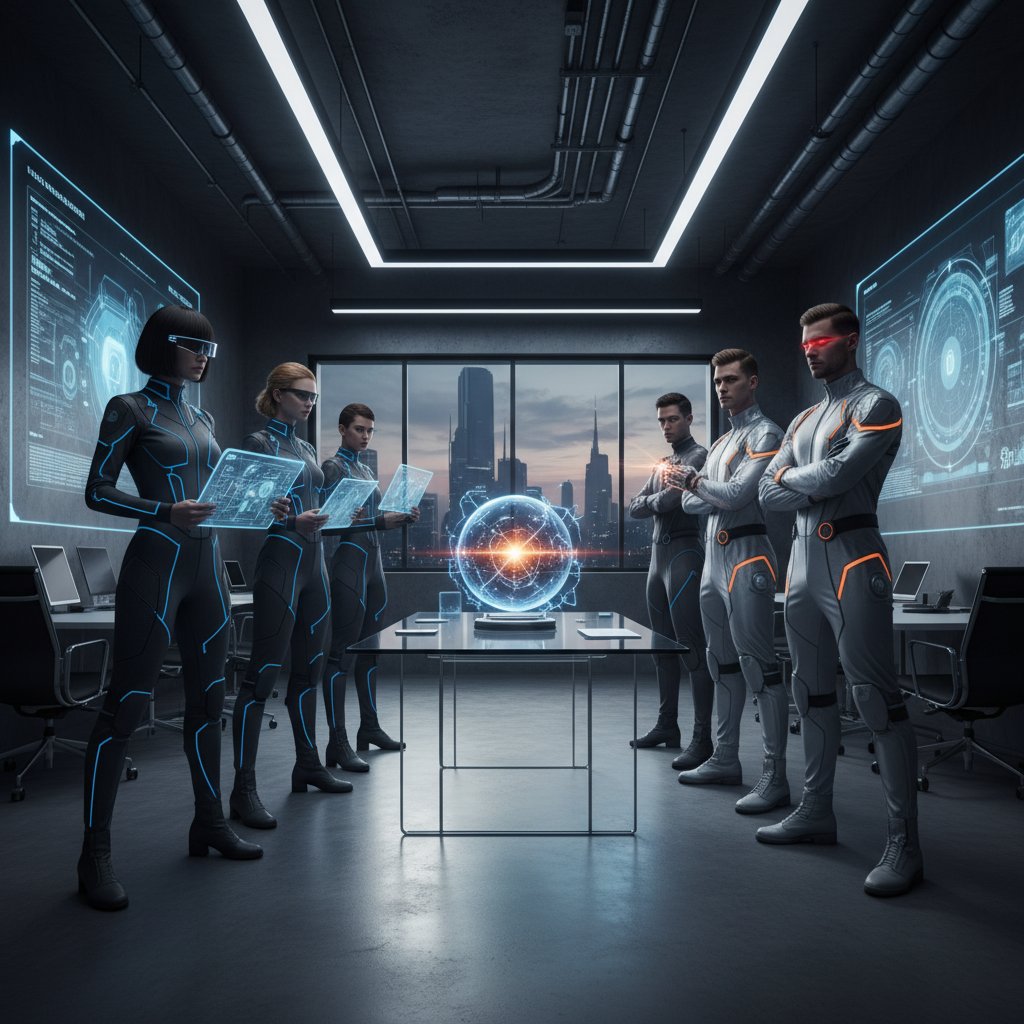 Dwie grupy w nowoczesnym biurze naprzeciw siebie – impas technologiczny