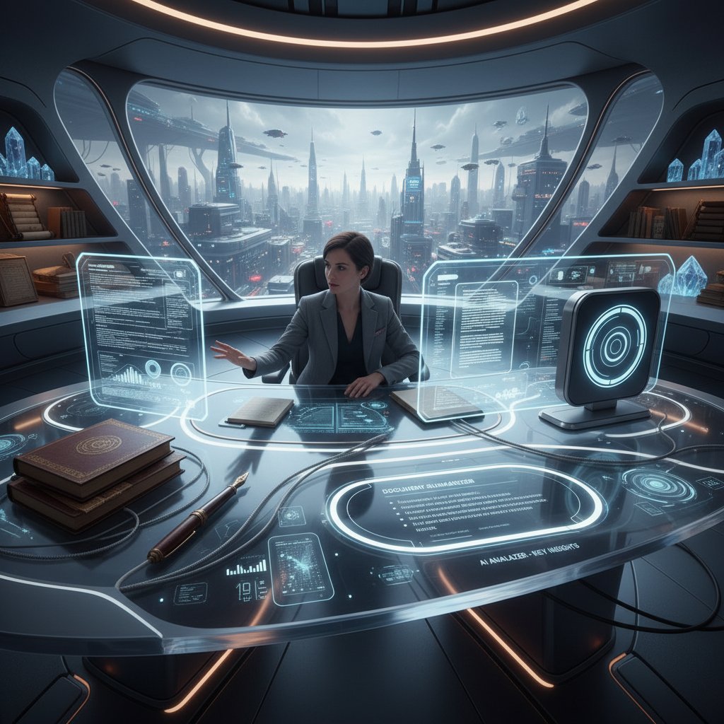 Futuristic academic workspace blending analog and AI tools, reflecting future of document summarizer for academic professionals
