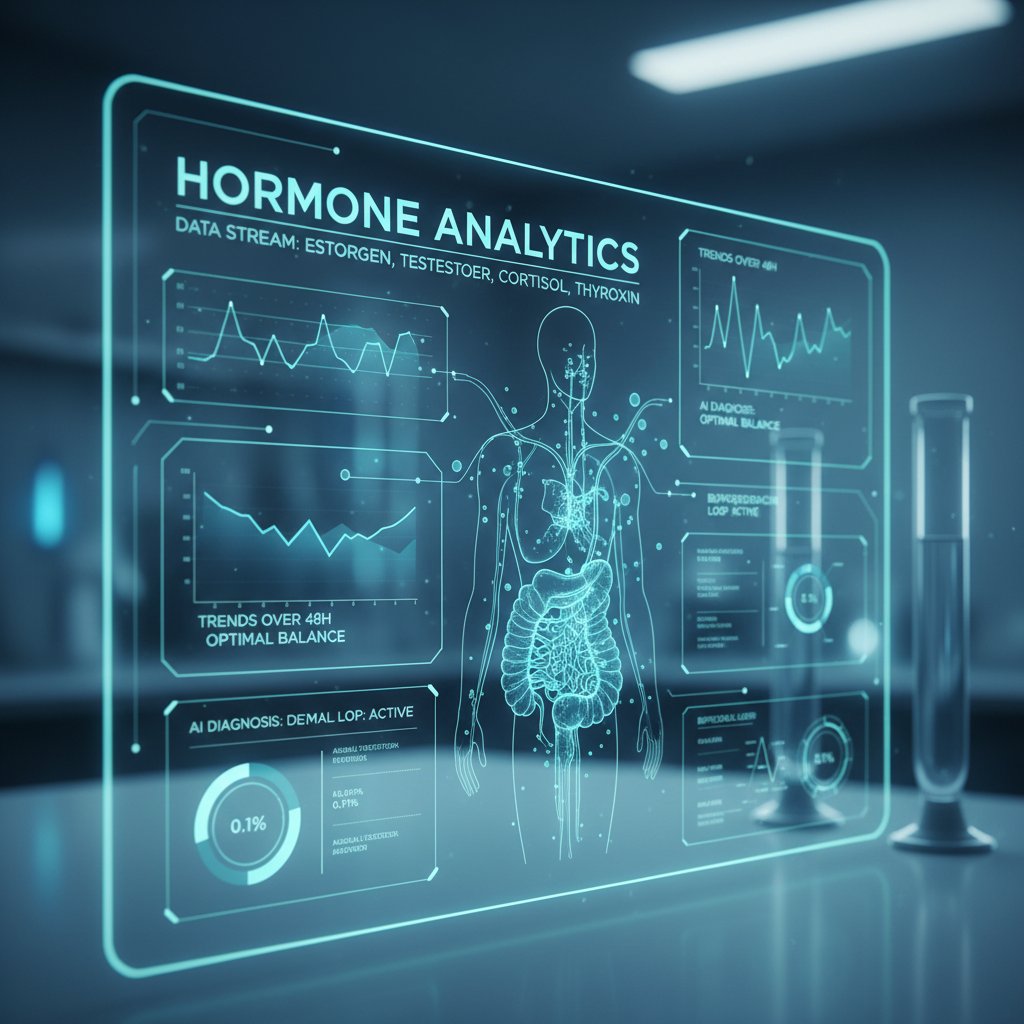 Futurystyczny interfejs AI analizujący dane hormonalne, odcienie niebieskiego, high-tech