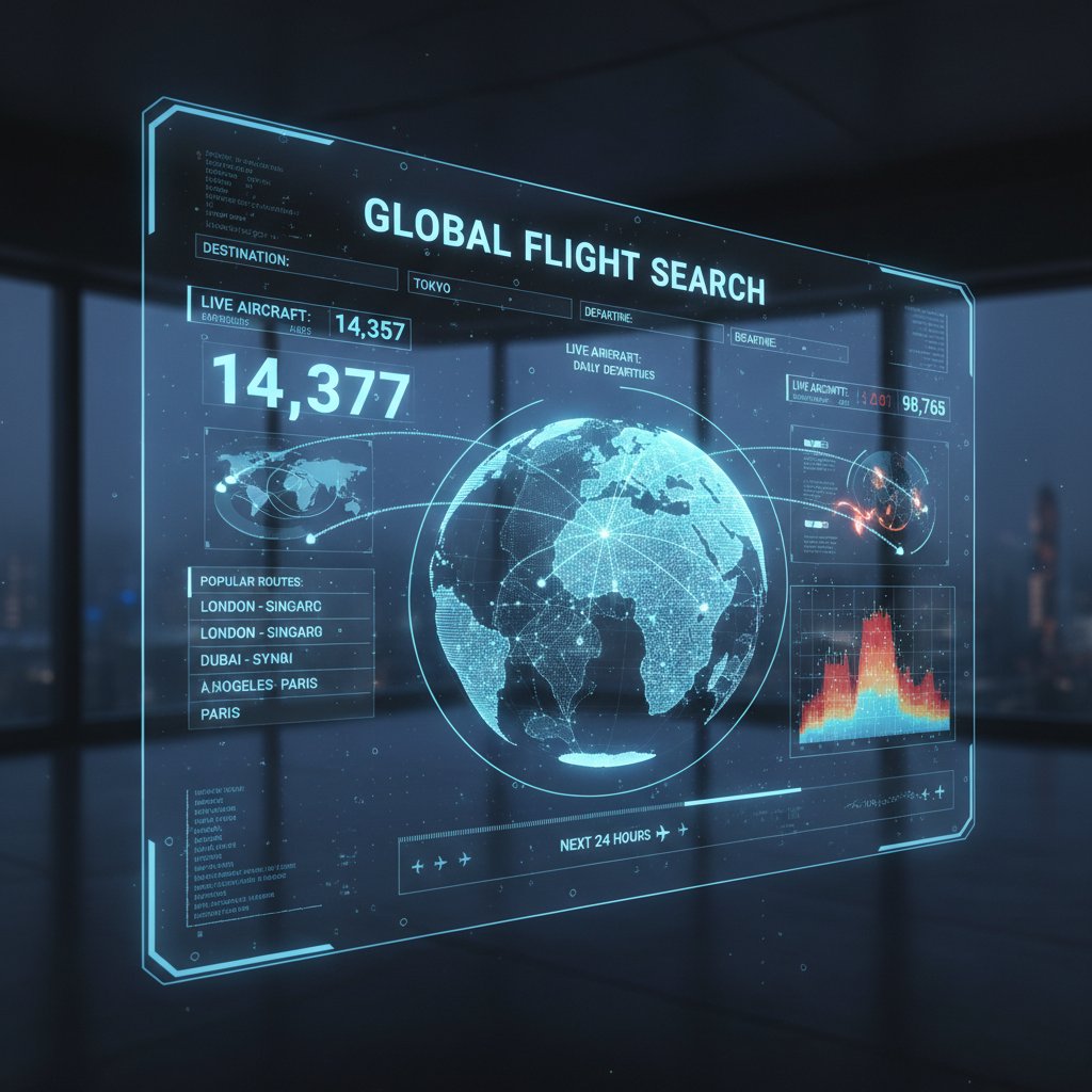 Futuristic AI-powered interface with transparent data overlays and global flight search