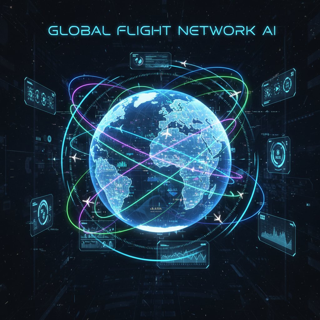 Futuristic AI interface overlaying a globe with dynamic flight routes, representing AI-powered transformation in flight search