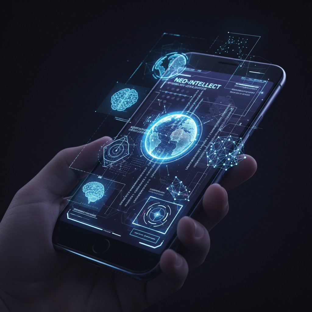 Interfejs AI oferujący wsparcie emocjonalne na smartfonie, futurystyczne światło, ciemne tło