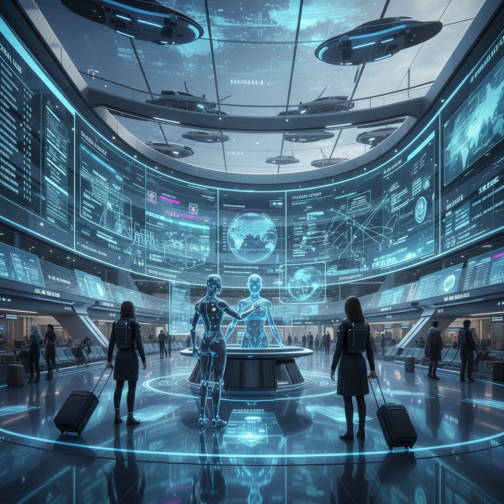 Futuristic airport with digital flight data projections and travelers interacting with AI kiosks