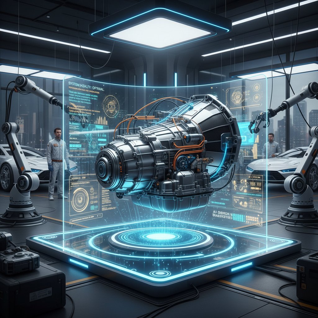 Futuristic automatic transmission with computer diagnostics, illuminated workshop, cutting-edge car tech
