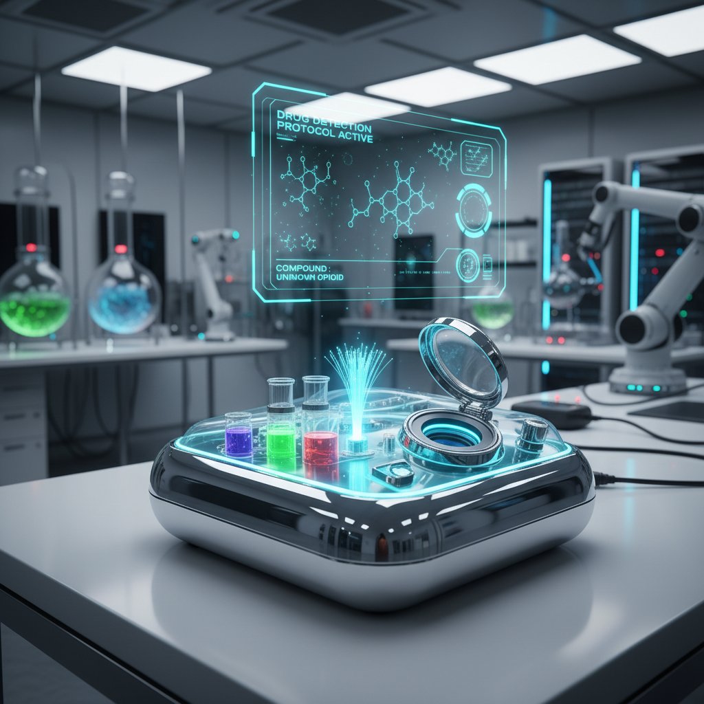 Nowoczesny biosensor do wykrywania substancji – futurystyczne urządzenie, laboratorium