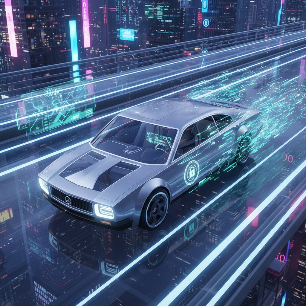 Futuristic car encircled by digital data streams, symbolizing the data privacy and future car features debate