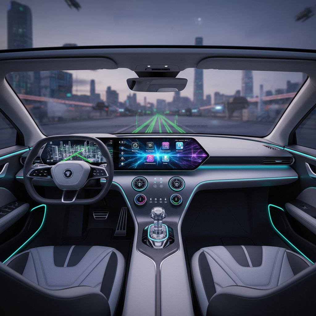 Futuristic car dashboard with advanced features including navigation, adaptive cruise, and smartphone integration