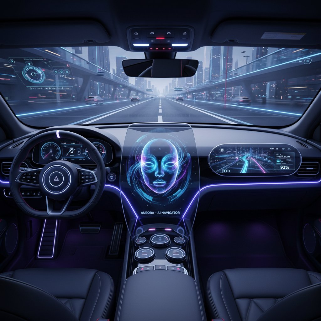 Futuristic photo of a digital AI assistant interface on a car dashboard