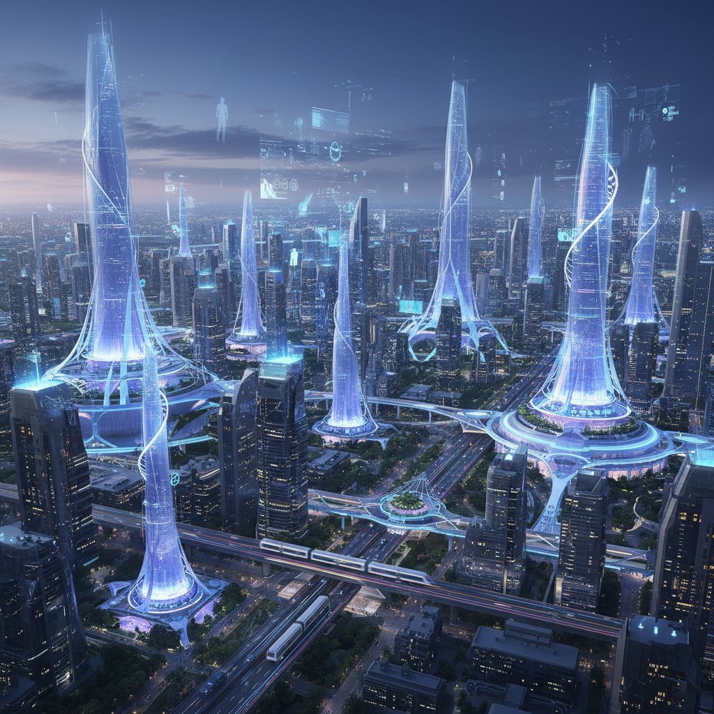 Digital memorials integrated into a cityscape, showing a futuristic city skyline with glowing digital memory beacons among skyscrapers