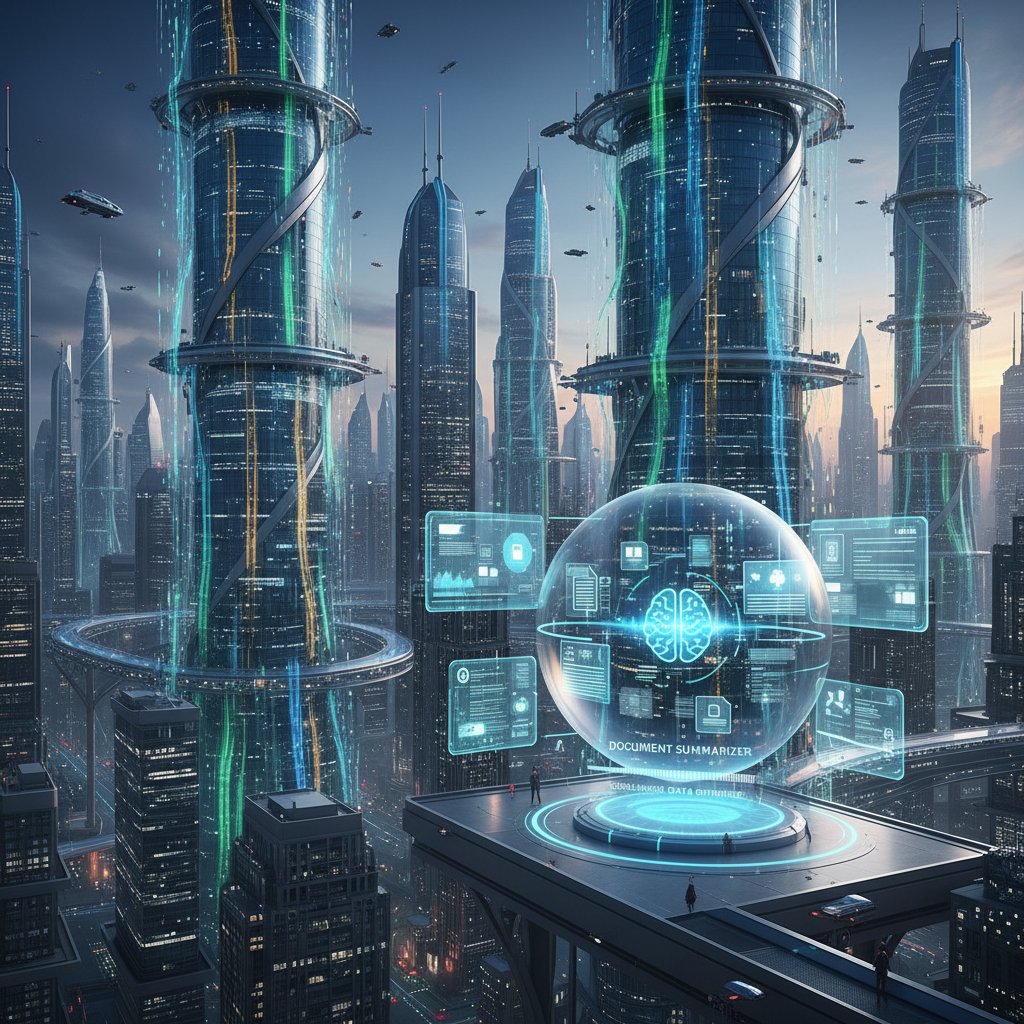 Futuristic cityscape overlaid with compliance data streams, symbolizing the future of compliance management and document summarizer for compliance management