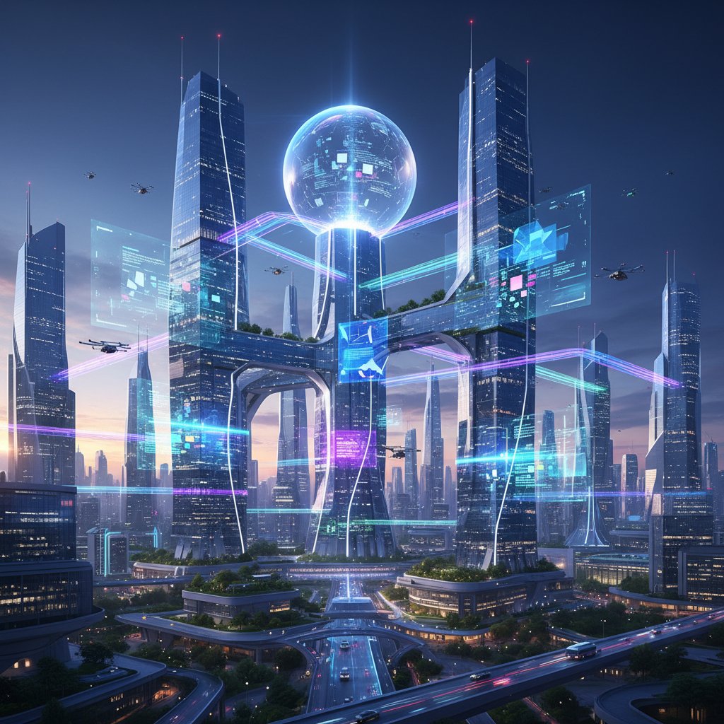 Futuristic cityscape with flowing data streams, symbolizing the interconnected future of document digitization industry applications
