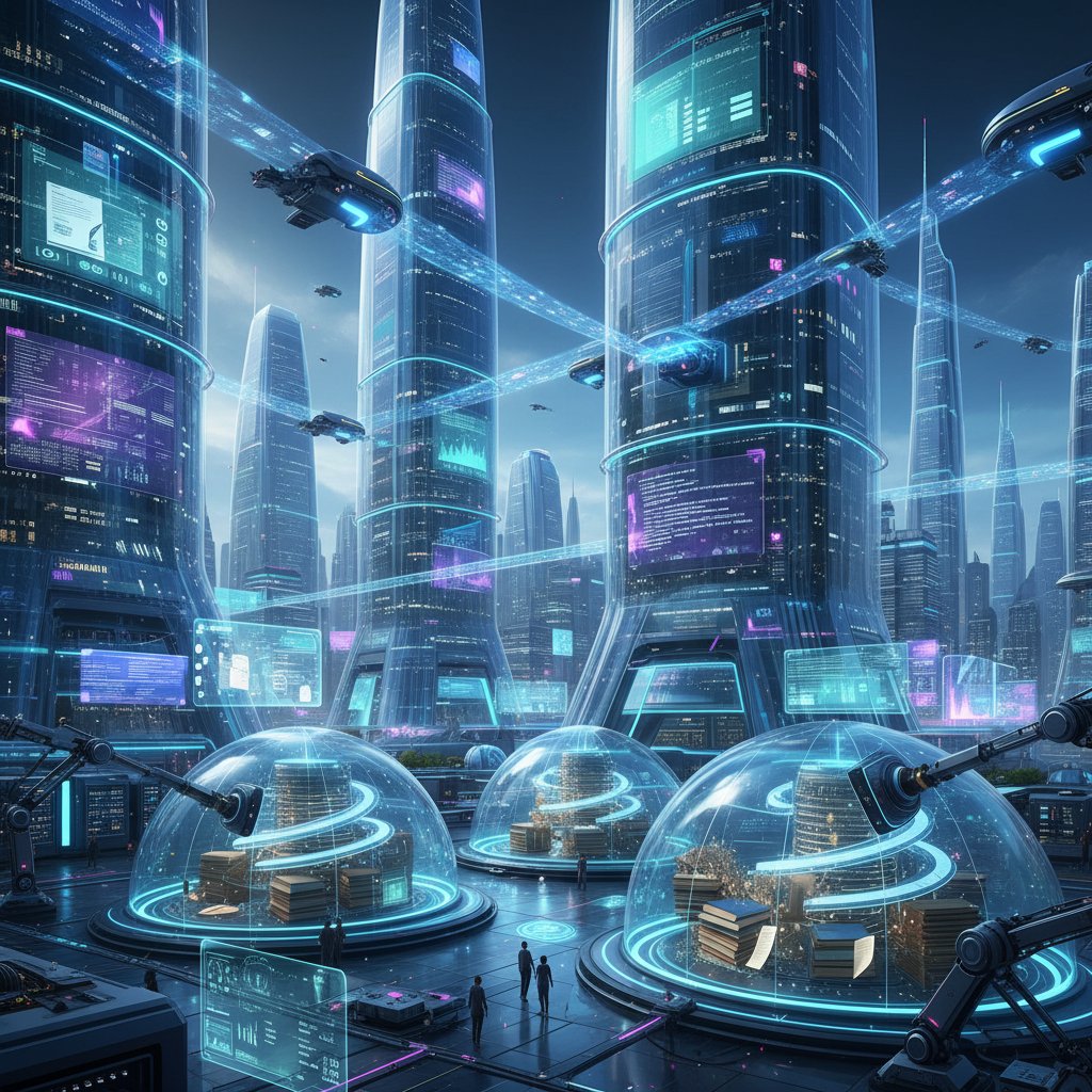 Futuristic cityscape with digital data streams overlaying buildings, representing the future of document digitization technology innovations