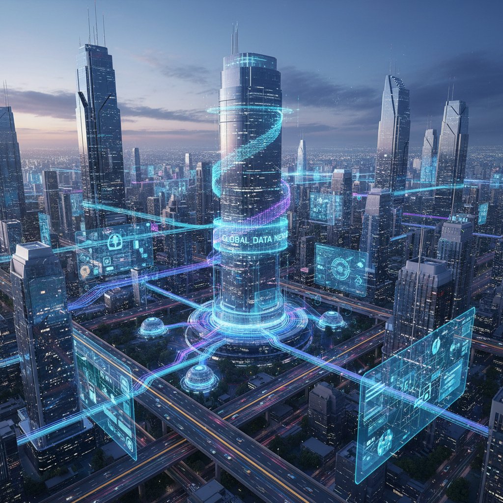 Digital city representing future of data management, futuristic cityscape with digital data streams