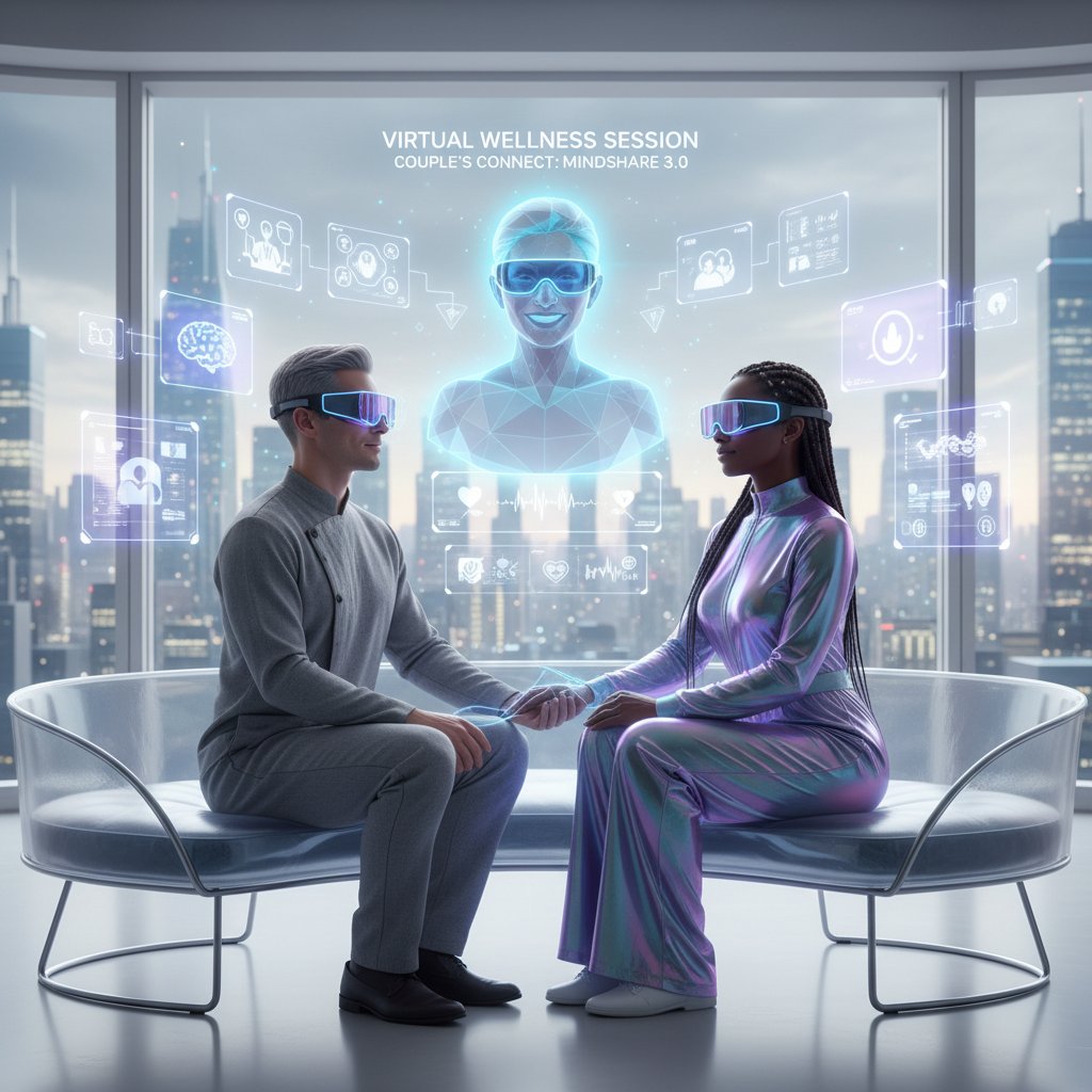 Photo: futuristic couple with AR glasses, digital icons around—future of virtual couples counseling, tech trends