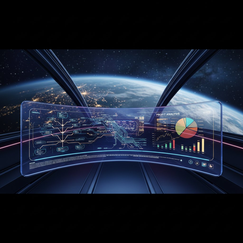 A futuristic dashboard UI with data pipelines and algorithmic decision trees visualizes an AI process for profitability analysis