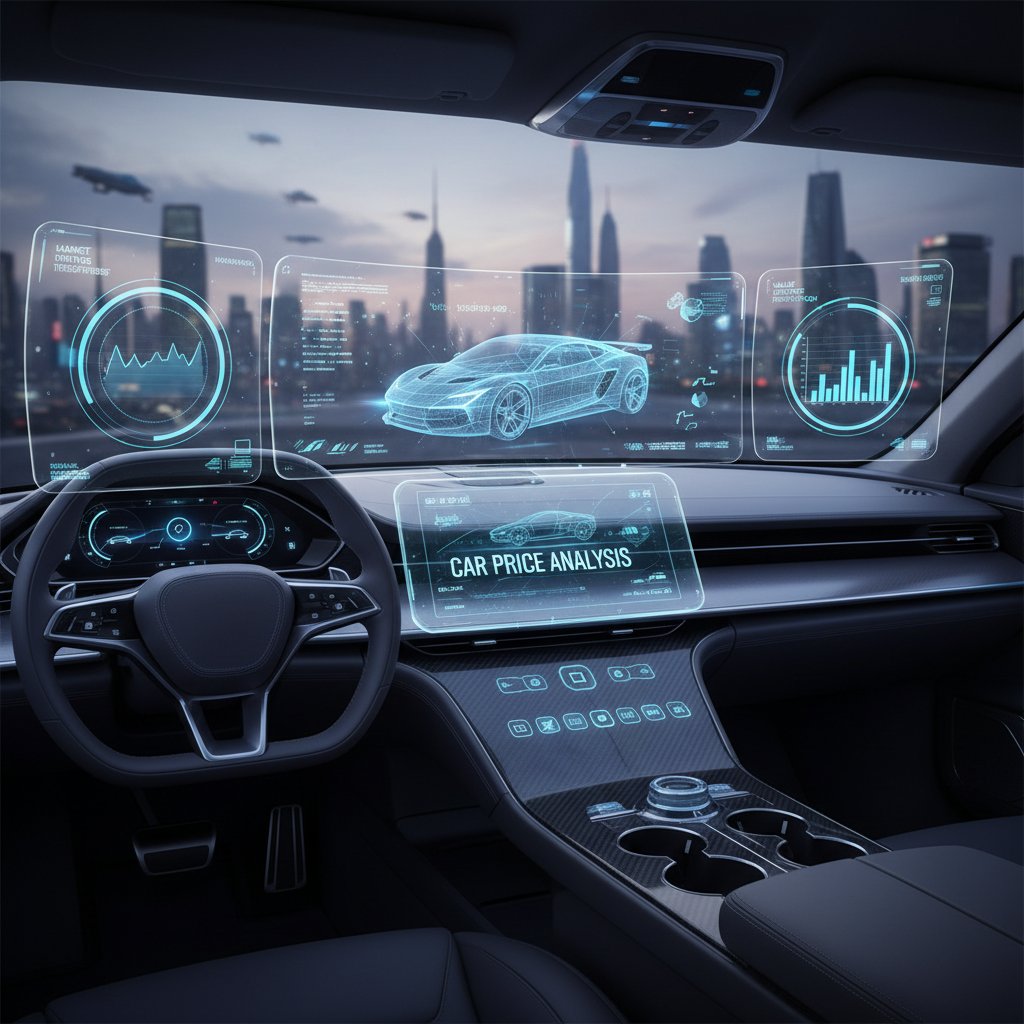Futuristic dashboard screen showing real-time car pricing analysis for car buying dealer invoice price explained