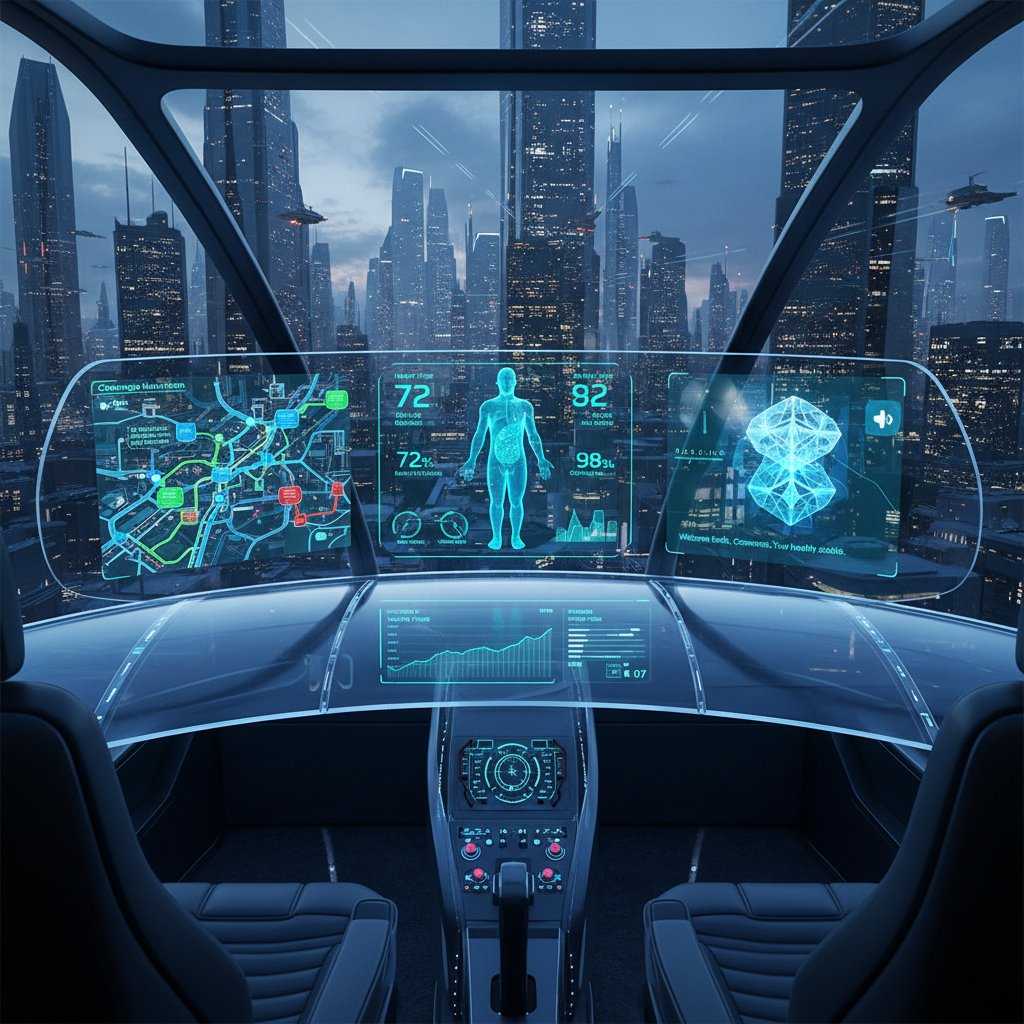 Futuristic dashboard with health data and AI assistant guiding user through policy options