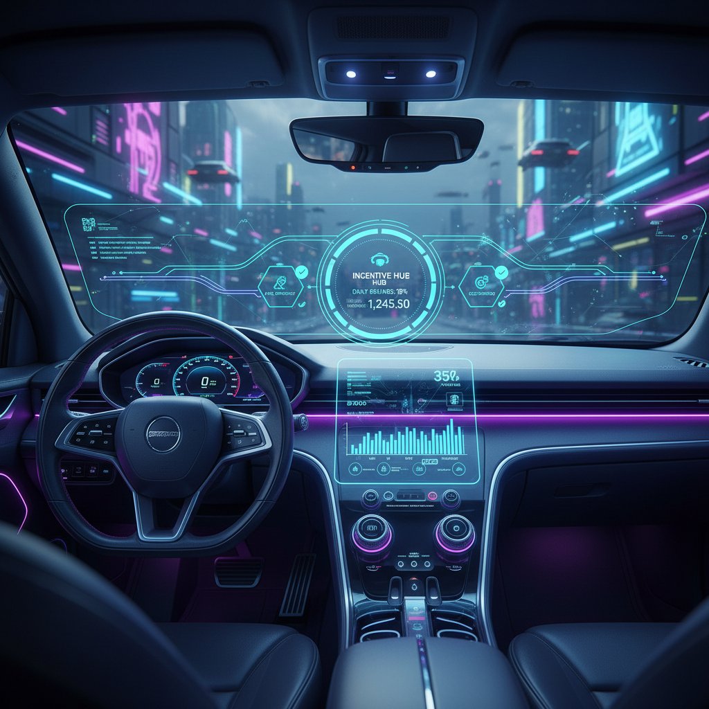 Futuristic dashboard interface with neon data streams, hands interacting with incentive software