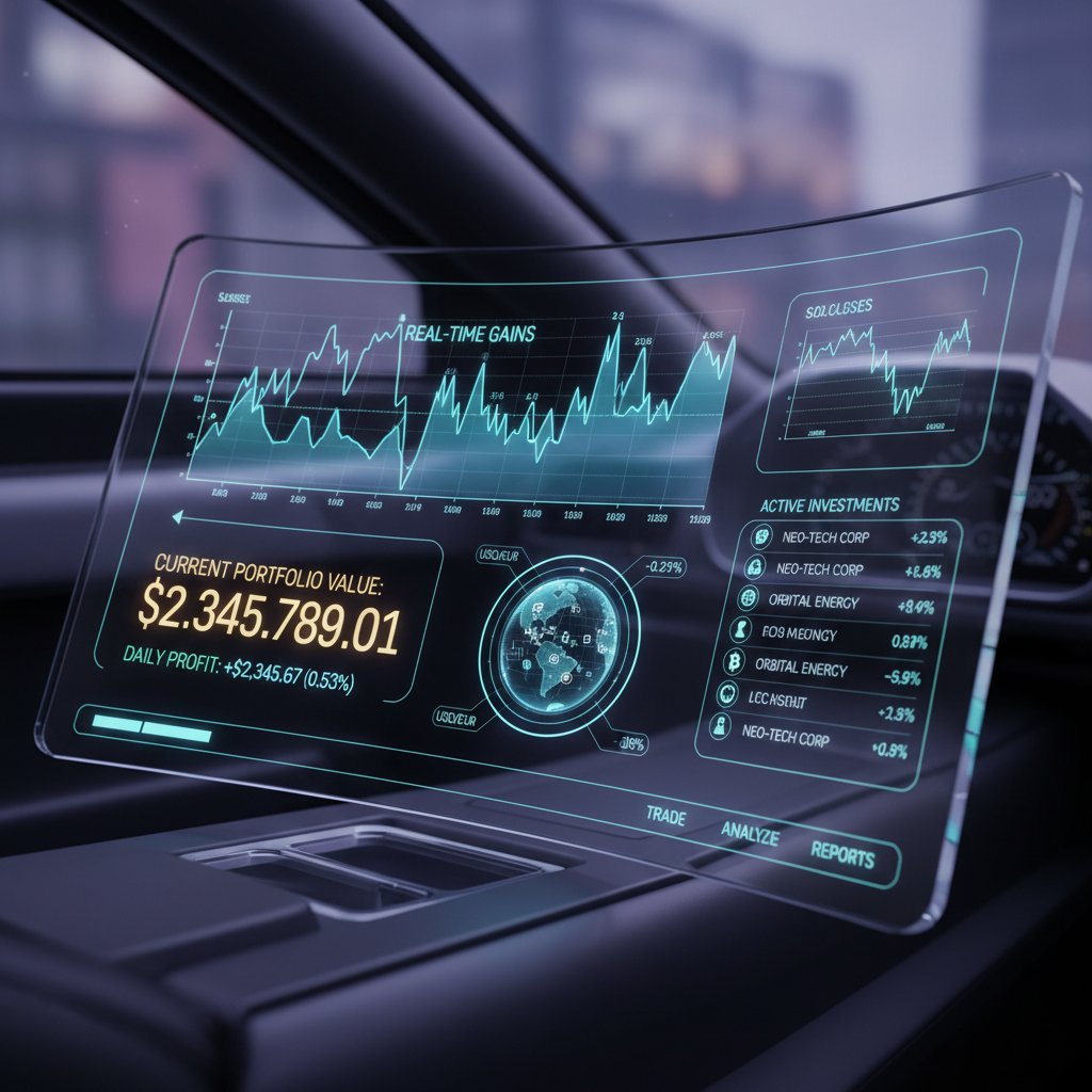 Futuristic dashboard with real-time financing options, digital interface, optimistic mood, car buying technology