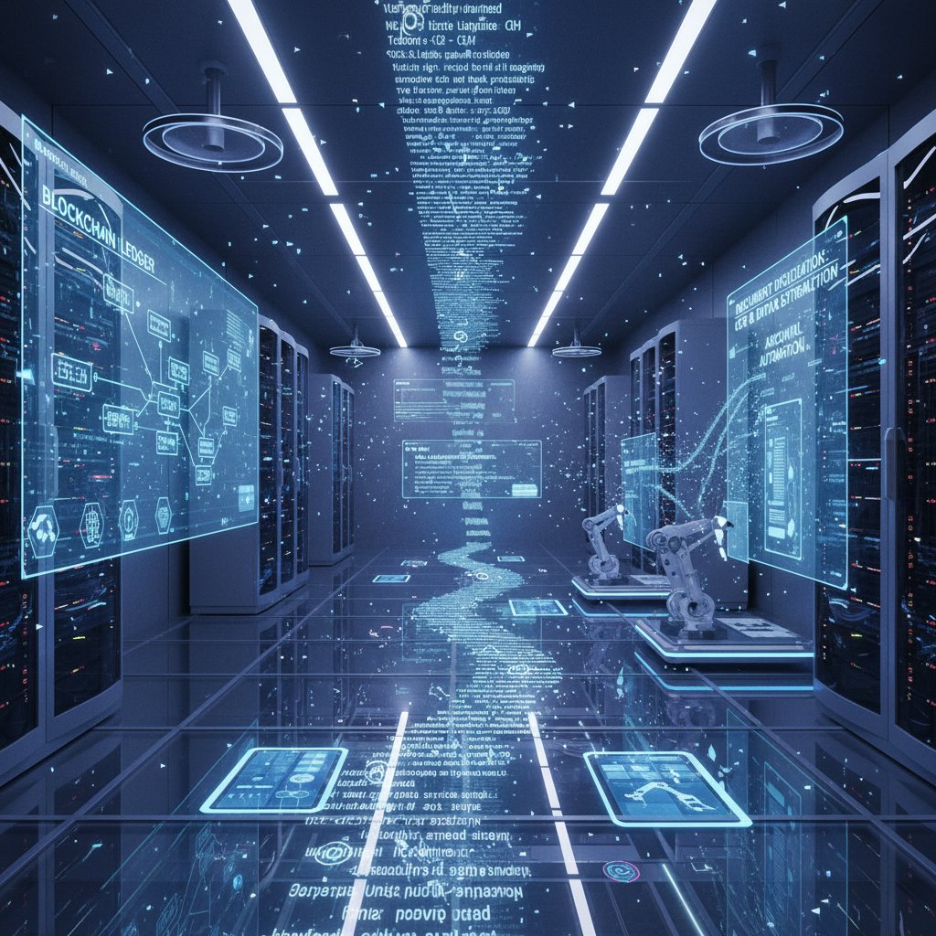 Futuristic data center with blockchain and NLP concepts visualized, representing next-gen document digitization methods