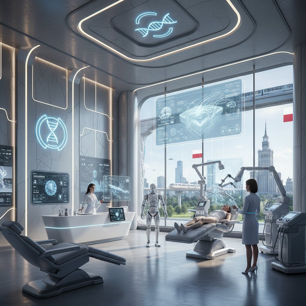 Futurystyczny polski gabinet dermatologiczny z zaawansowaną technologią, 16:9