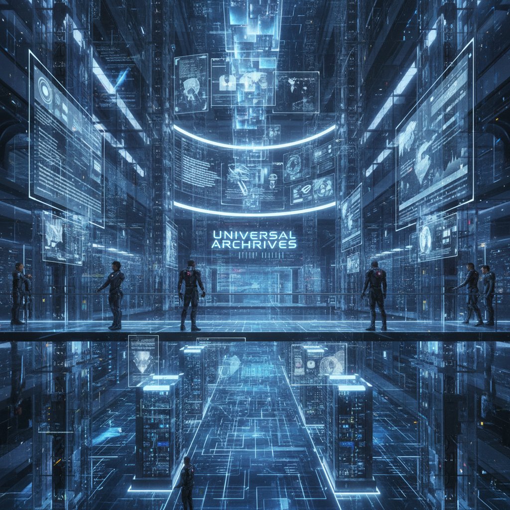 Futuristic digital archives with visual overlays in a high-tech facility—representing cutting-edge document digitization