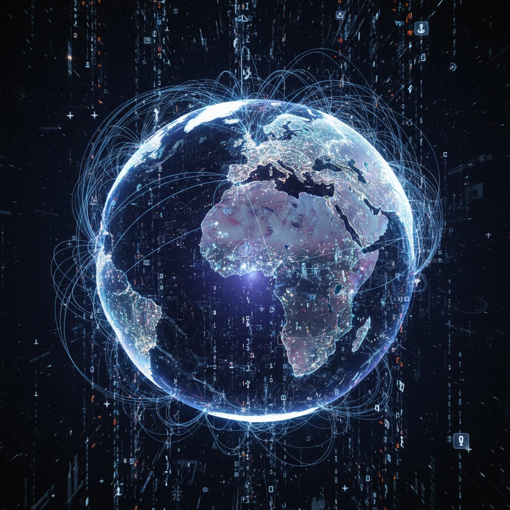 Futuristic digital globe with flight paths, data streams, visionary vibrant photo
